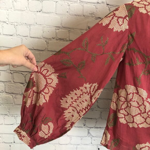 Anthropologie Payal Pratap Red Cross Stitch Embroidered Blouse Size 4 - Picture 6 of 9
